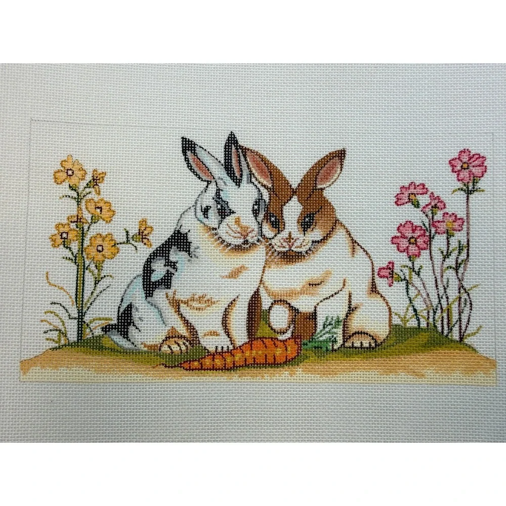 Vintage Hand Painted Needlepoint Canvas 2 Rabbits Bunny Flowers Carrot Easter